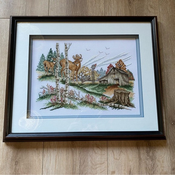 Vintage needlepoint crewel deer buck & doe professionally framed forest cabin - Picture 2 of 9